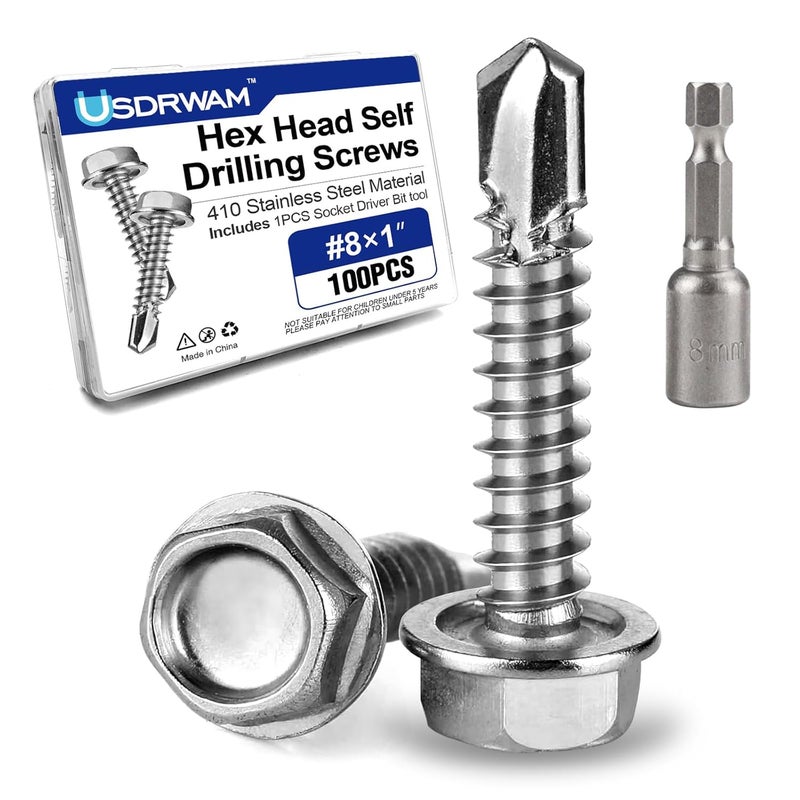 Usdrwam 100Pcs #8×1" Self Tapping Screws for Metal, 410 Stainless Steel Hex Washer Head Sheet Metal Screw - Image 1